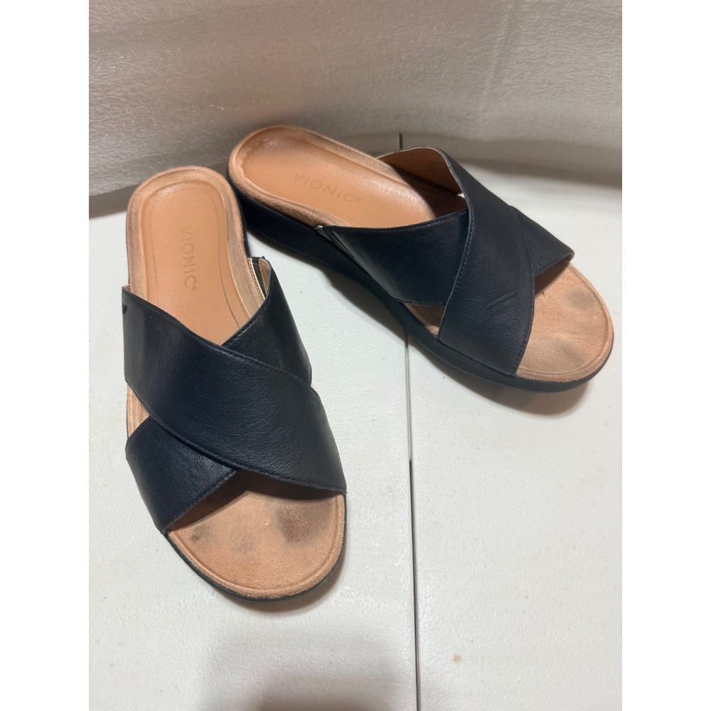 Vionic Womens Black Leather Crisscross Platform Slide Sandals Size 9.5